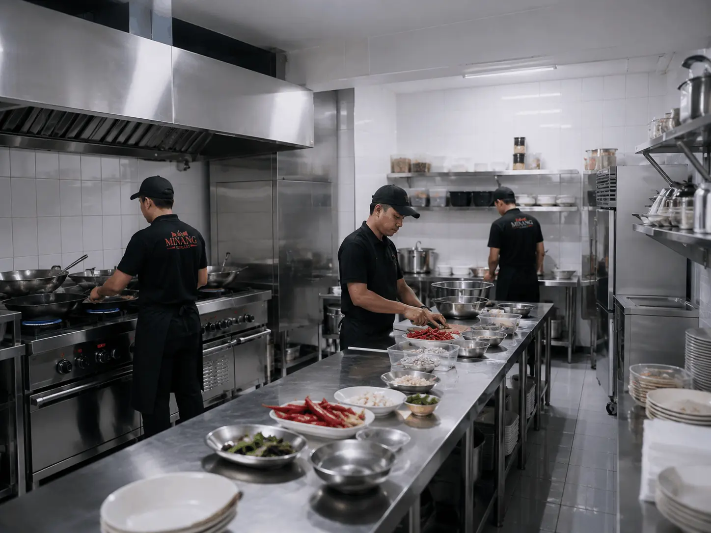 Proses memasak rendang dan gulai di dapur rumah makan Padang Minang Sepakat